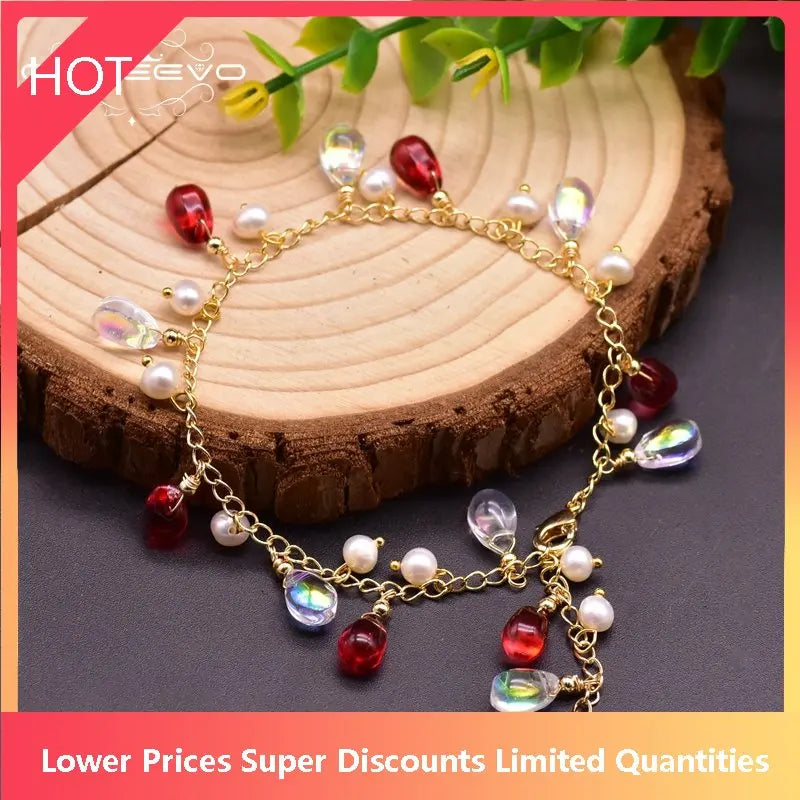 Fresh Water Pearl Red Crystal Bracelet for Women Wedding Boho Jewelry