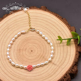 Freshwater Pearl Coral Pink Embossed Brass 18k Bracelet Women Gift Jewelry