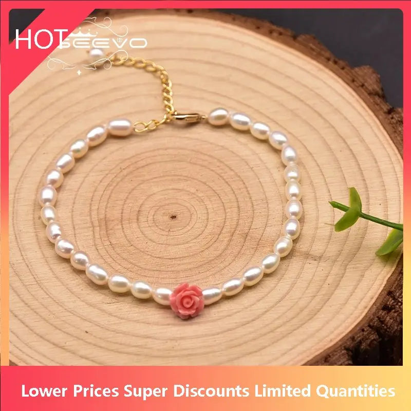 Freshwater Pearl Coral Pink Embossed Brass 18k Bracelet Women Gift Jewelry