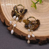 Freshwater Pearl Earrings 925 Silver Drop Earrings Tiger Eye GE0991G