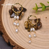 Freshwater Pearl Earrings 925 Silver Drop Earrings Tiger Eye GE0991G