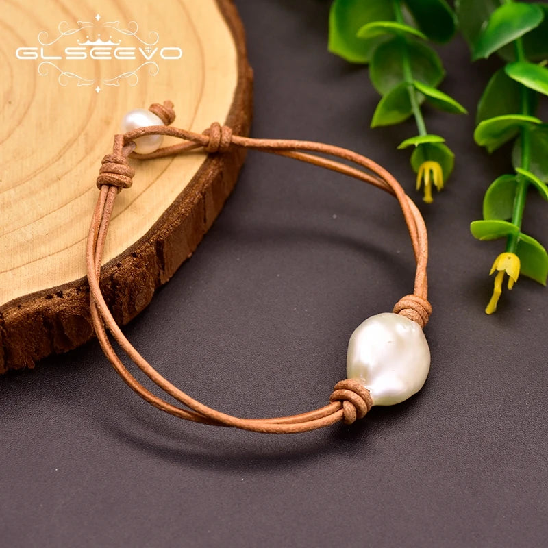 Geometric Real Baroque Pearl Leather Bracelet For Women GB0161