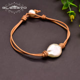 Geometric Real Baroque Pearl Leather Bracelet For Women GB0161