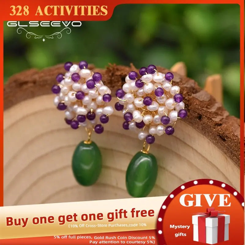 Green Agate Flower Dangle Drop Earrings For Women