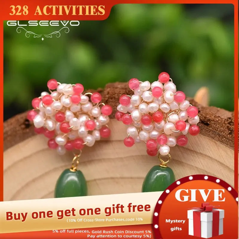Green Agate Flower Dangle Drop Earrings Wedding Pearls GE0983B