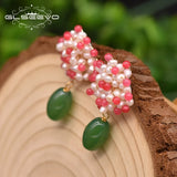 Green Agate Flower Dangle Drop Earrings Wedding Pearls GE0983B