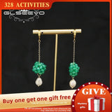Green Flower Bulbs Natural Pearls Long Chain Pendant Earrings