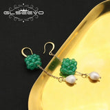Green Flower Bulbs Natural Pearls Long Chain Pendant Earrings