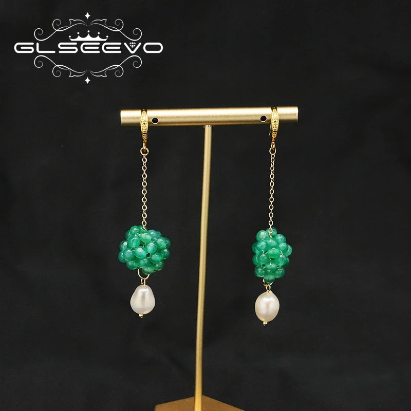 Green Flower Bulbs Natural Pearls Long Chain Pendant Earrings