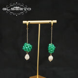 Green Flower Bulbs Natural Pearls Long Chain Pendant Earrings