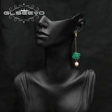 Green Flower Bulbs Natural Pearls Long Chain Pendant Earrings