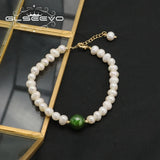 Green Jade Natural Freshwater Pearls Long Chain Women's Bracelet