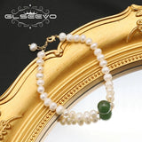 Green Jade Natural Freshwater Pearls Long Chain Women's Bracelet