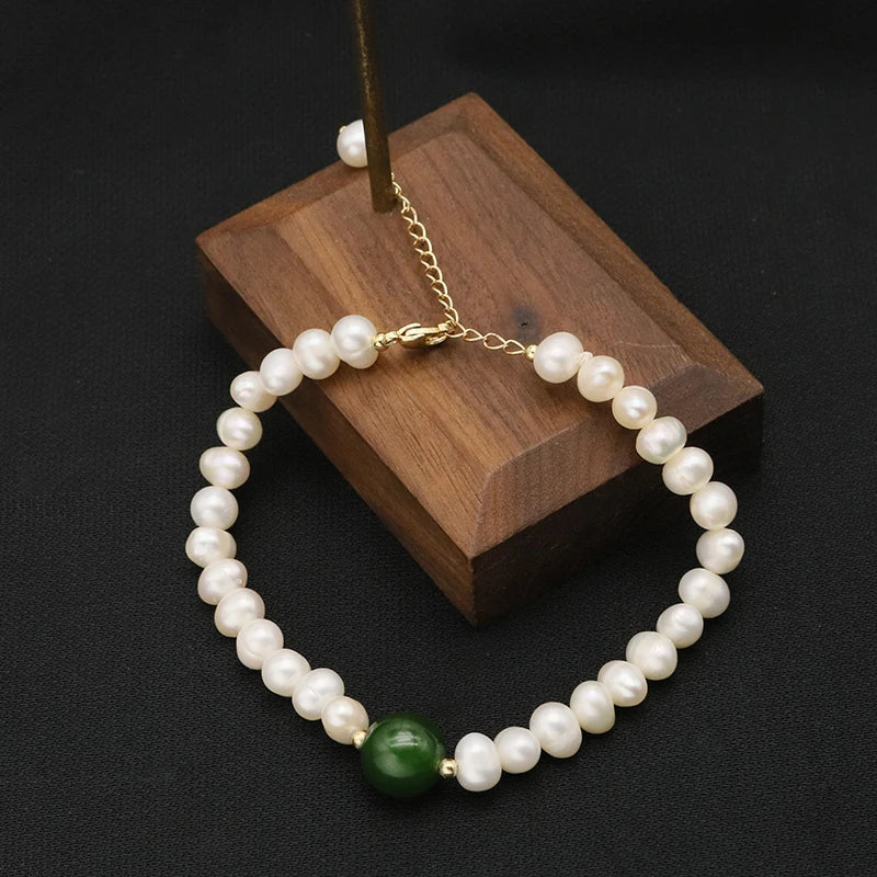 Green Jade Natural Freshwater Pearls Long Chain Women's Bracelet