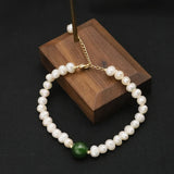 Green Jade Natural Freshwater Pearls Long Chain Women's Bracelet