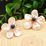 925 Silver Lapis Lazuli Flower Pearl Stud Earrings Women Gift GE0678