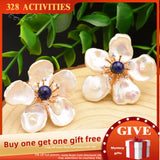 925 Silver Lapis Lazuli Flower Pearl Stud Earrings Women Gift GE0678