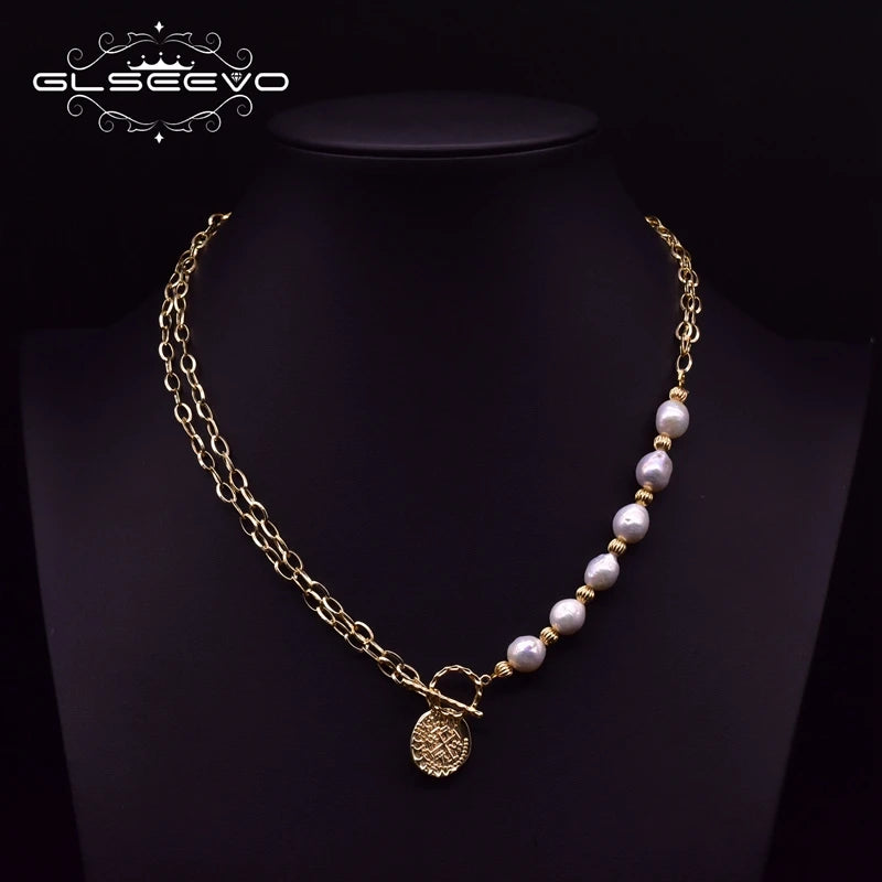 Fresh Water Pearls 2 Layer Chains Asymmetry Pendant Necklace For Women Girls