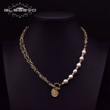 Fresh Water Pearls 2 Layer Chains Asymmetry Pendant Necklace For Women Girls