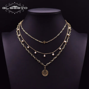 Layer Chains Boho Necklace Metal Tag Pendant Pearl GN0217