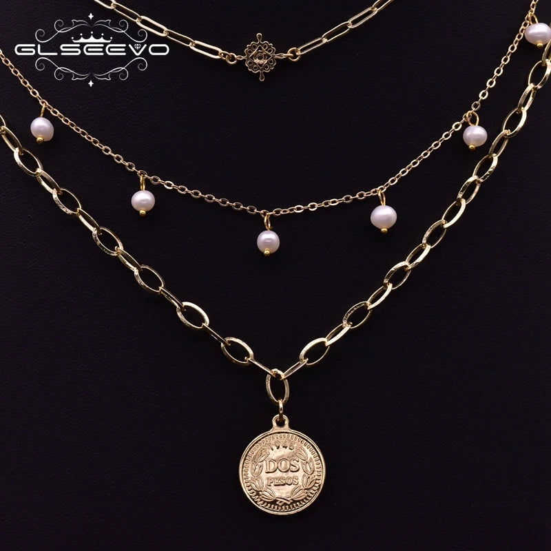 Layer Chains Boho Necklace Metal Tag Pendant Pearl GN0217