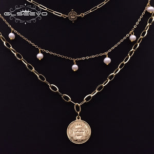 Layer Chains Boho Necklace Metal Tag Pendant Pearl GN0217