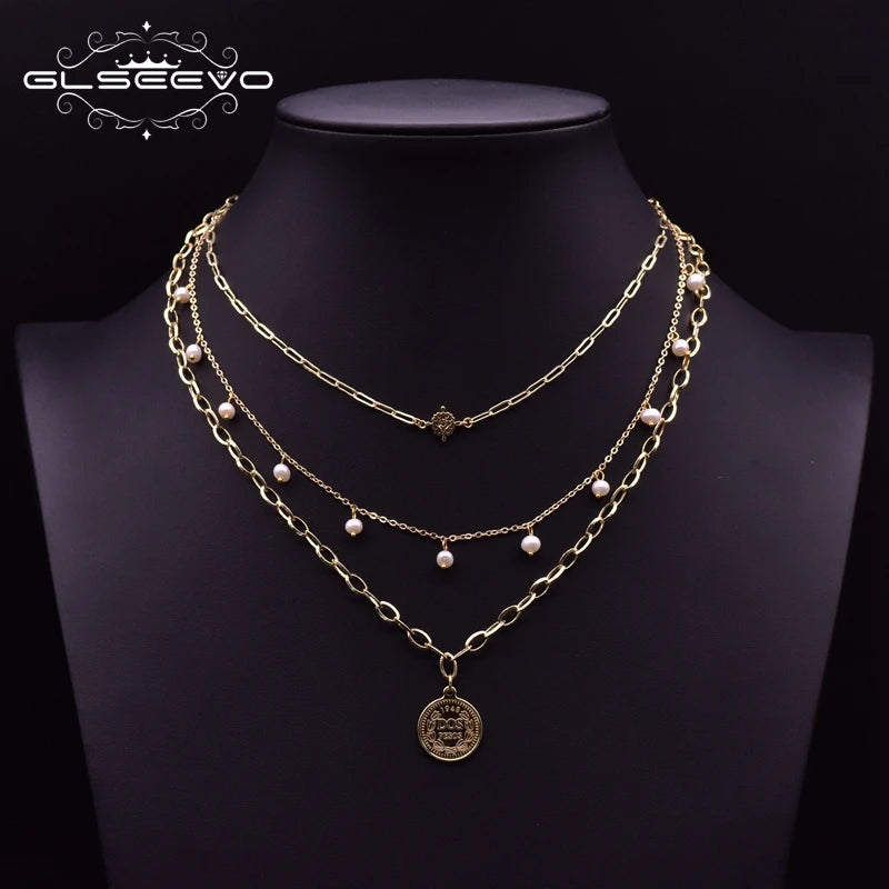 Layer Chains Boho Necklace Metal Tag Pendant Pearl GN0217