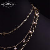 Layer Chains Boho Necklace Metal Tag Pendant Pearl GN0217