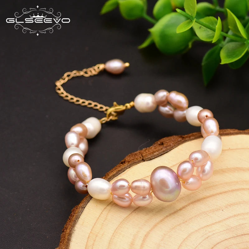 GLSEEVO Pink Pearl Adjustable Bracelet Double Layer Bangle