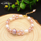 GLSEEVO Pink Pearl Adjustable Bracelet Double Layer Bangle