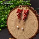 Freshwater Pearl Dangle Earrings Red Coral Wedding Birthday Gift