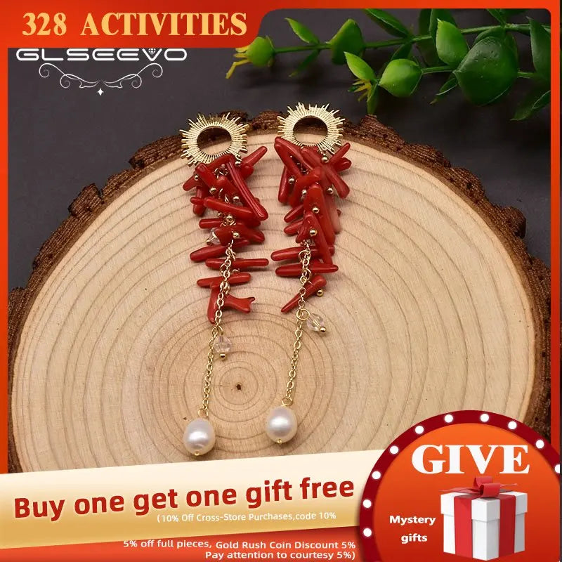 Freshwater Pearl Dangle Earrings Red Coral Wedding Birthday Gift