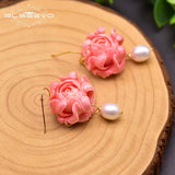 Coral Flower Drop Earrings with Pearl Accents