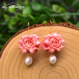 Coral Flower Drop Earrings with Pearl Accents