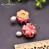 Coral Flower Drop Earrings with Pearl Accents