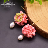Coral Flower Drop Earrings with Pearl Accents