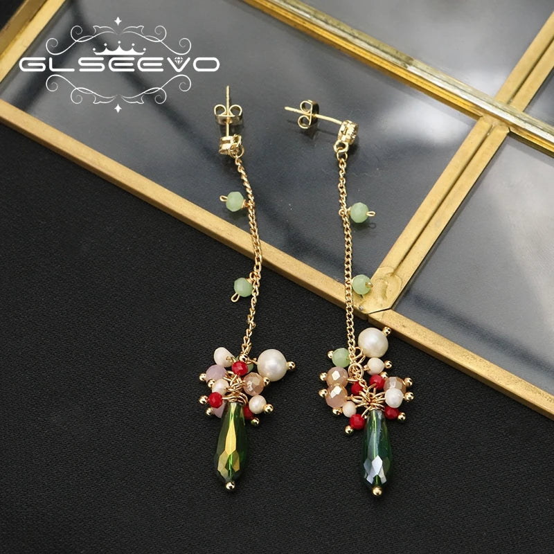 Long Chain Green Drop Pearl Pendant Earrings Retro Classic Fine Jewelry
