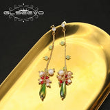 Long Chain Green Drop Pearl Pendant Earrings Retro Classic Fine Jewelry