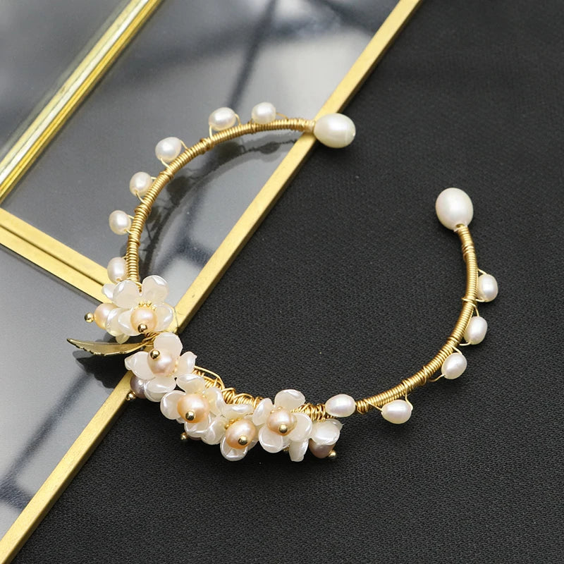 Metal Winding Freshwater Pearls Flower Bracelet