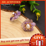 Amethyst Pearl Stud Earrings 925 Silver Flower Jewelry