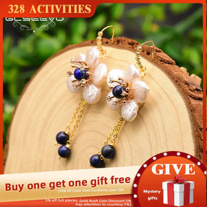 Baroque Pearl Flower Dangle Earrings Wedding Lapis Lazuli Drop Earrings