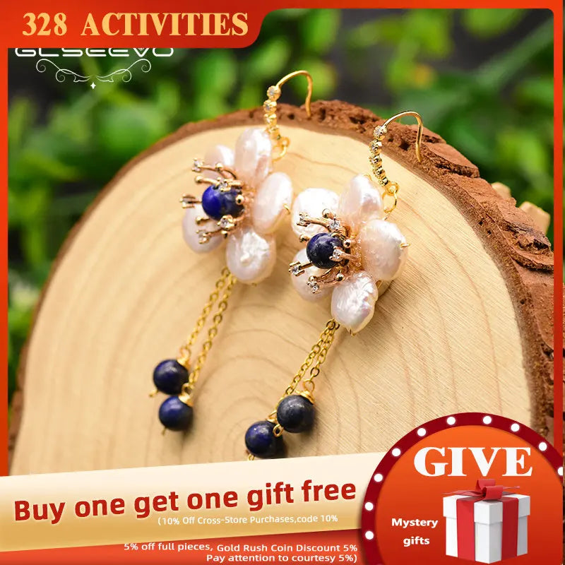 Baroque Pearl Flower Dangle Earrings Wedding Lapis Lazuli Drop Earrings