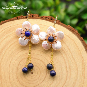 Baroque Pearl Flower Dangle Earrings Wedding Lapis Lazuli Drop Earrings