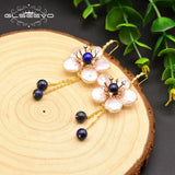 Baroque Pearl Flower Dangle Earrings Wedding Lapis Lazuli Drop Earrings