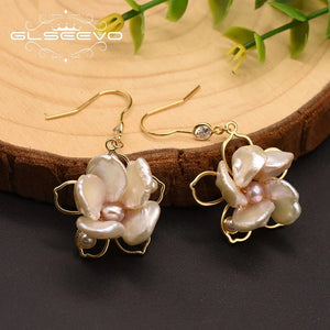 Baroque Pearl Flower Drop Earrings Wedding Party Gift Fine Jewelry GE0856