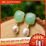 Baroque Pearl Green Glass Stud Earrings Women Bridal Wedding Gift GE0767D