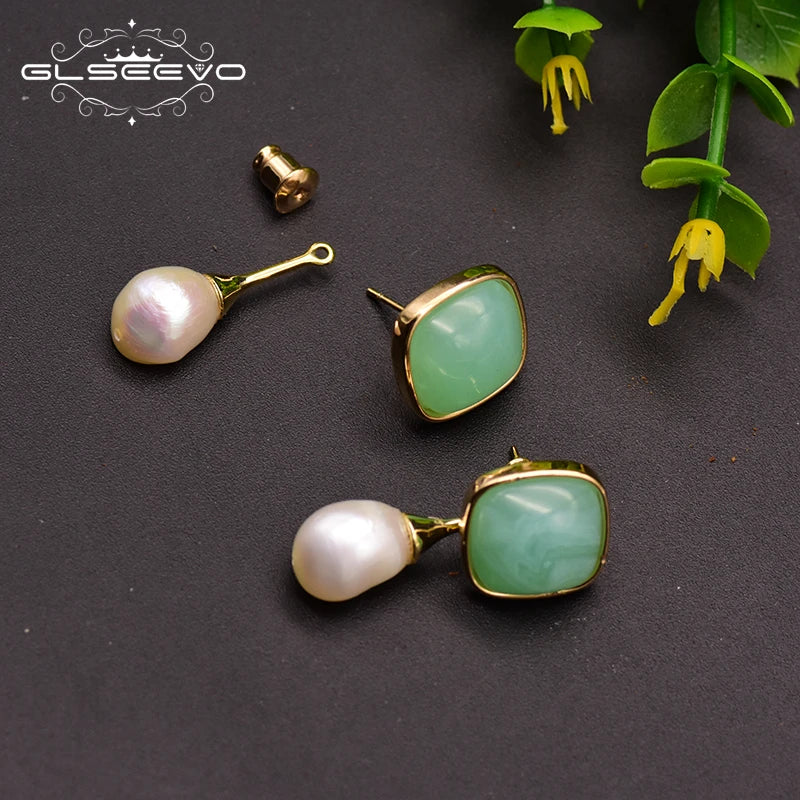 Baroque Pearl Green Glass Stud Earrings Women Bridal Wedding Gift GE0767D