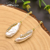 GLSEEVO Baroque Pearl Long Earrings Zircon Fine Jewelry GE0834