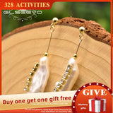 GLSEEVO Baroque Pearl Long Earrings Zircon Fine Jewelry GE0834