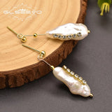 GLSEEVO Baroque Pearl Long Earrings Zircon Fine Jewelry GE0834
